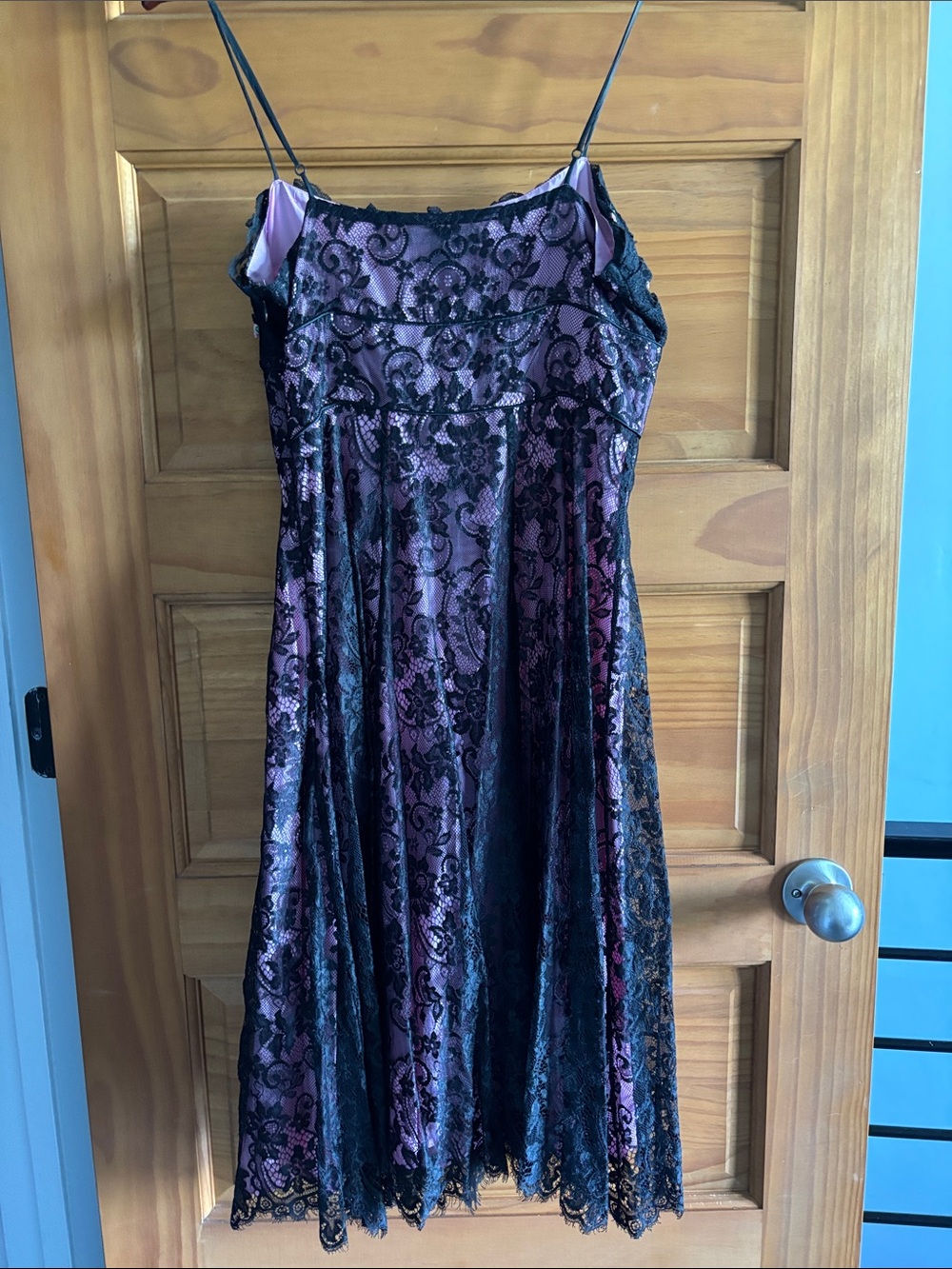 Betsey Johnson Pink and Black Lace Overlay Slip Dress - Picture 3 of 5